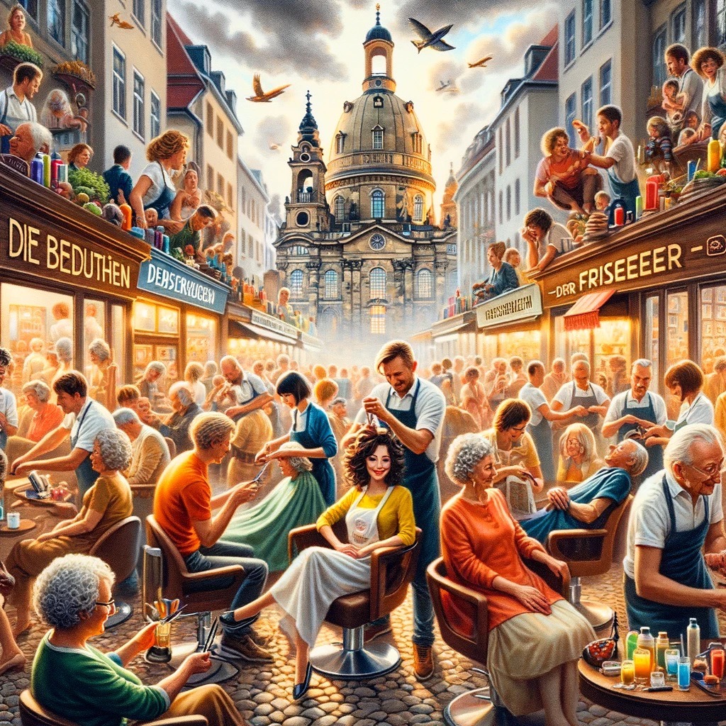 A captivating scene depicting the role of hair salons in Dresden as cultural and social hubs, titled 'Die Bedeutung der Friseure – Mehr als nur Haare Large