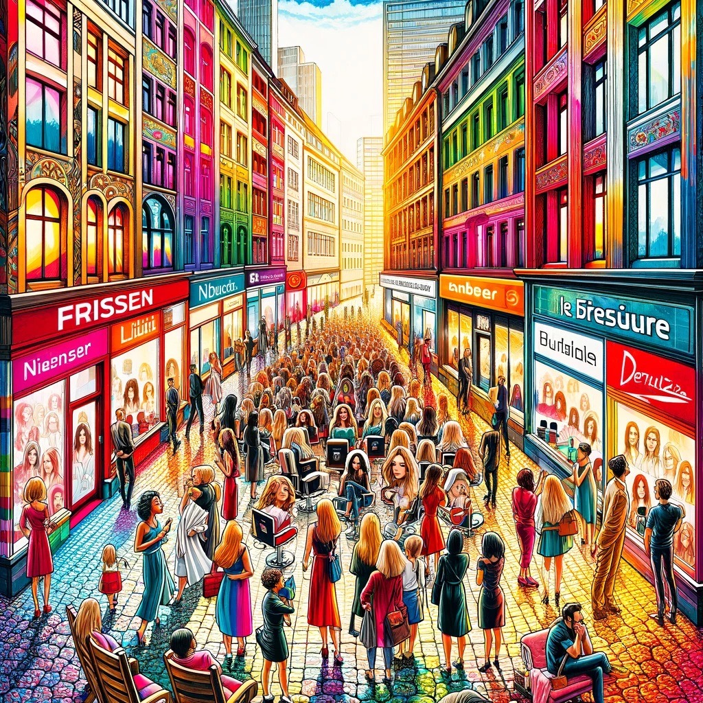 A colorful and dynamic illustration representing the diversity and choices among hair salons in Dresden, under the theme 'Dresden Friseure – Die Qual Large