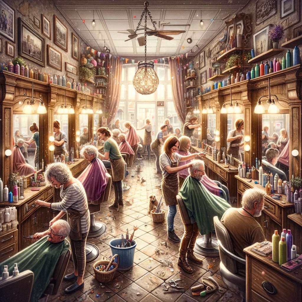 A heartwarming depiction of 'Ein Tag beim Friseur – Erlebnisse, die berühren', capturing the essence of a day at a hair salon in Dresden. The scene sh Large