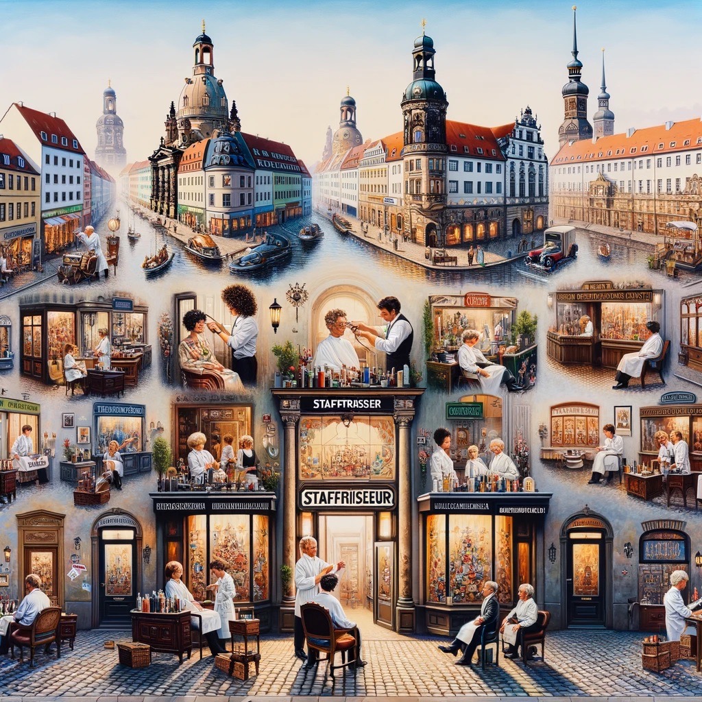 A picturesque depiction of 'Stadtfriseur' hair salons across different neighborhoods in Dresden. The image shows a collage of various hair salons, fro Large