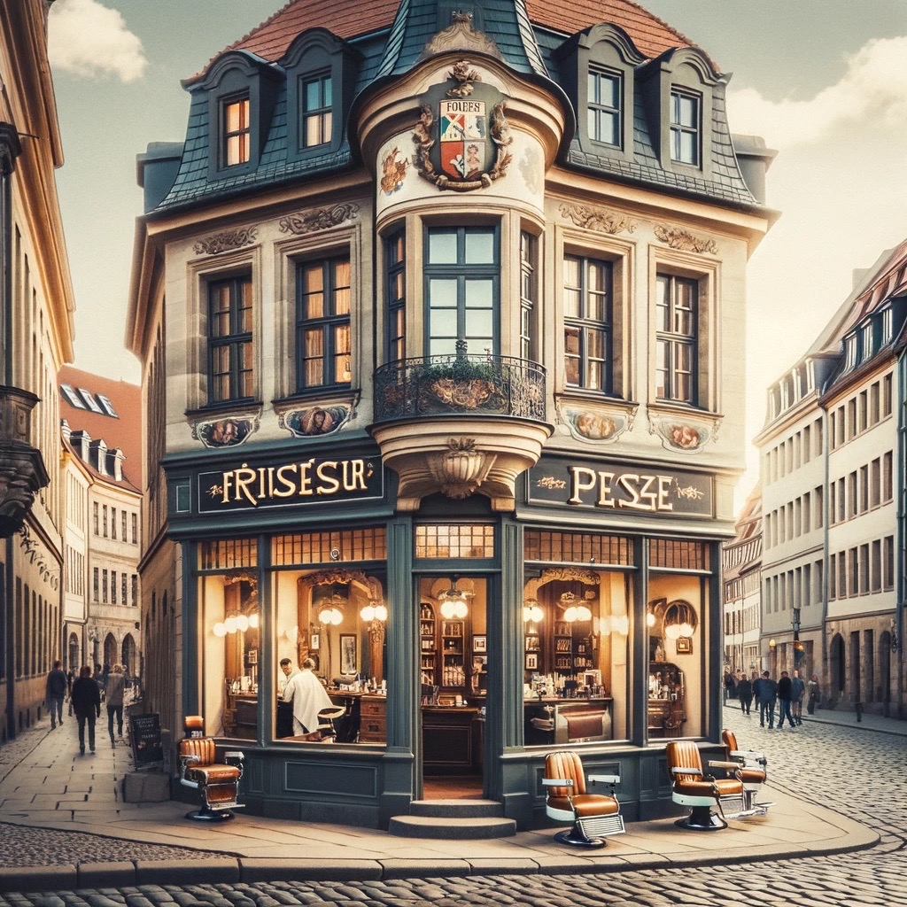 A scenic view of a traditional barbershop in Dresden, Germany. The exterior features classic European architecture with a distinctive signboard that r Large