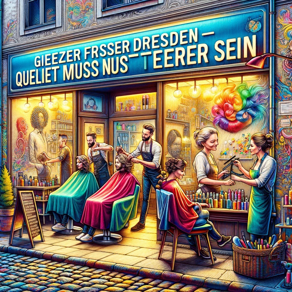 A vibrant depiction of the concept 'Günstiger Friseur Dresden - Qualität muss nicht teuer sein'. The image portrays a welcoming, affordable hair salon Large