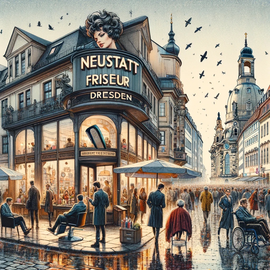 An artistic representation of 'Neustadt Friseur' in Dresden, capturing its unique blend of old-school charm and modern flair. The scene features a bus Large