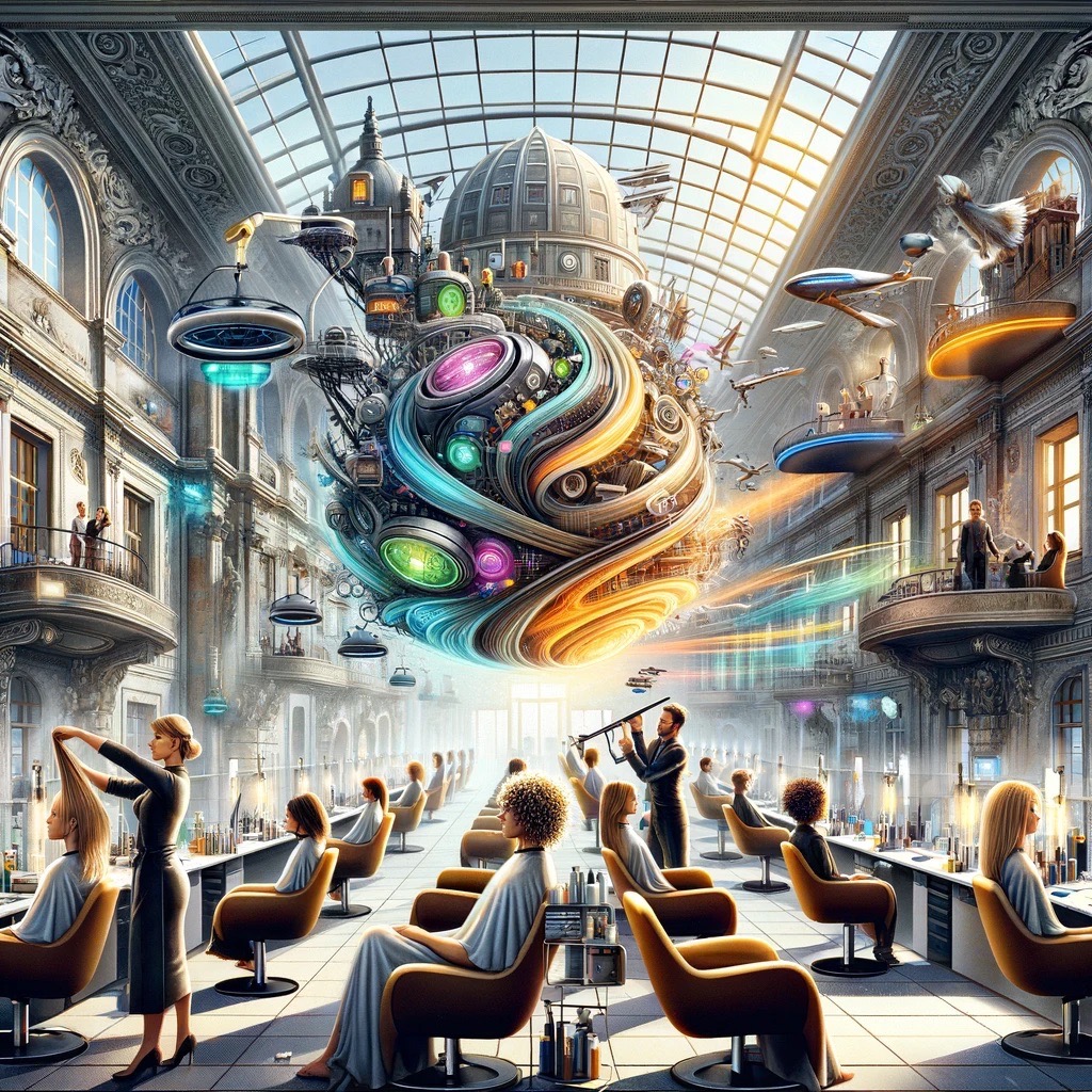 An imaginative depiction of 'Modernes Haarstyling in Dresden – Zukunft trifft Tradition'. The scene features a modern, forward-thinking hair salon in Large