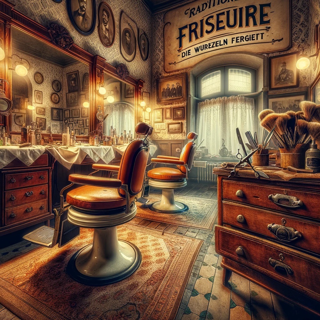 An evocative image depicting 'Traditionelle Friseure – Die Wurzeln nicht vergessen' in Dresden. This scene portrays an old-school barber shop, where t Large